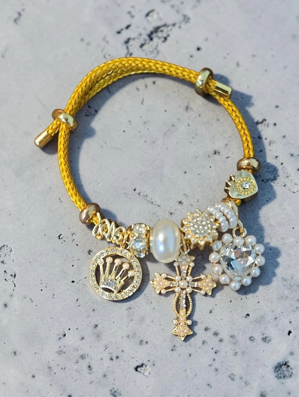 Sassified Boutique Nwt Gold Pearl Charm Bracelet with Cross and Crystal Charms